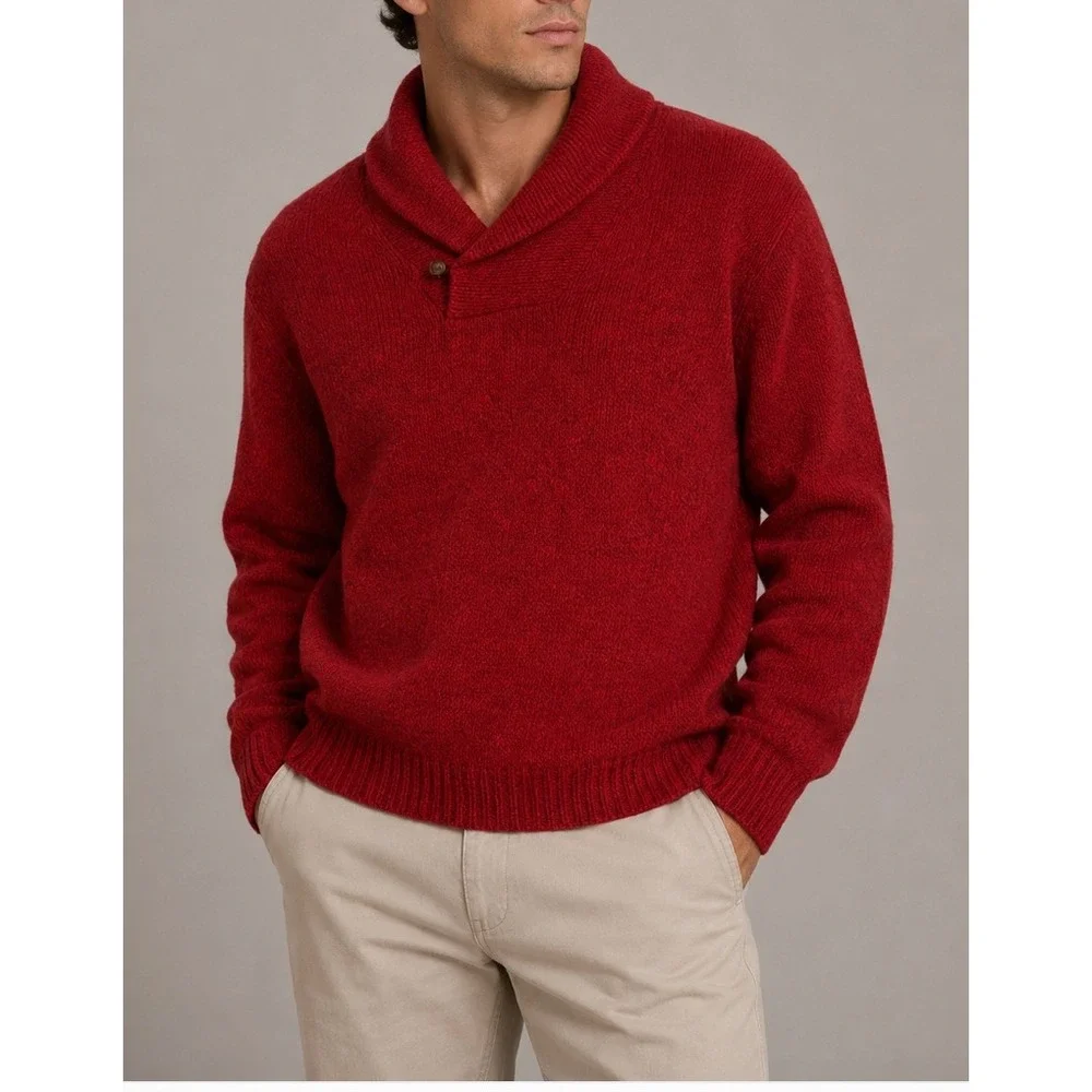 Vtg LL Bean Fairport Maine Mens Red Wool Shawl Collar Knit Sweater Made in USA M